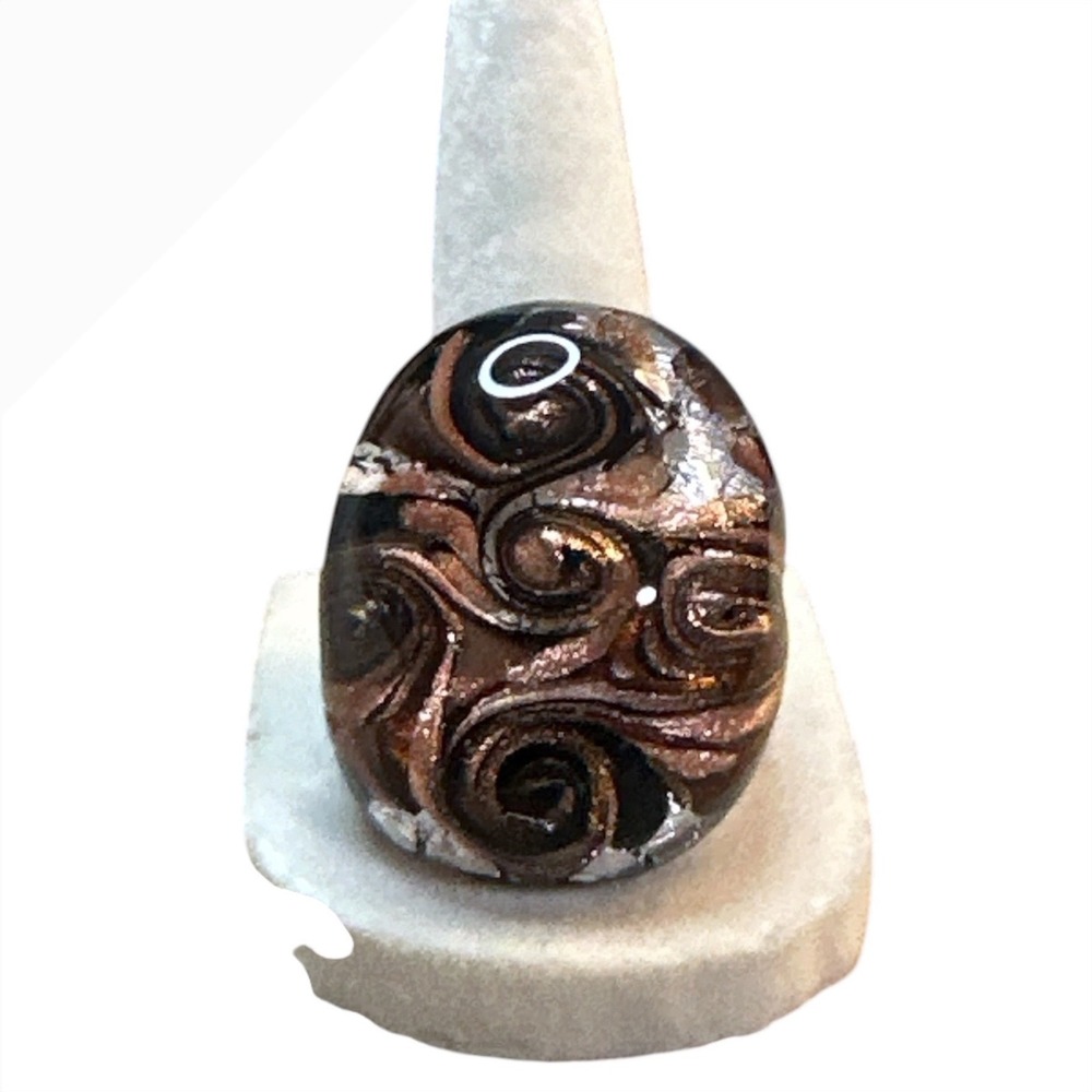 Murano Style Art Glass Cocktail Ring Copper Silver Foil Swirl Statement Size 9